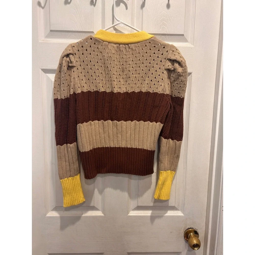 Anthro Calligraphie Womens Striped Puff Sleeve Cardigan Brown Yellow Pointelle L